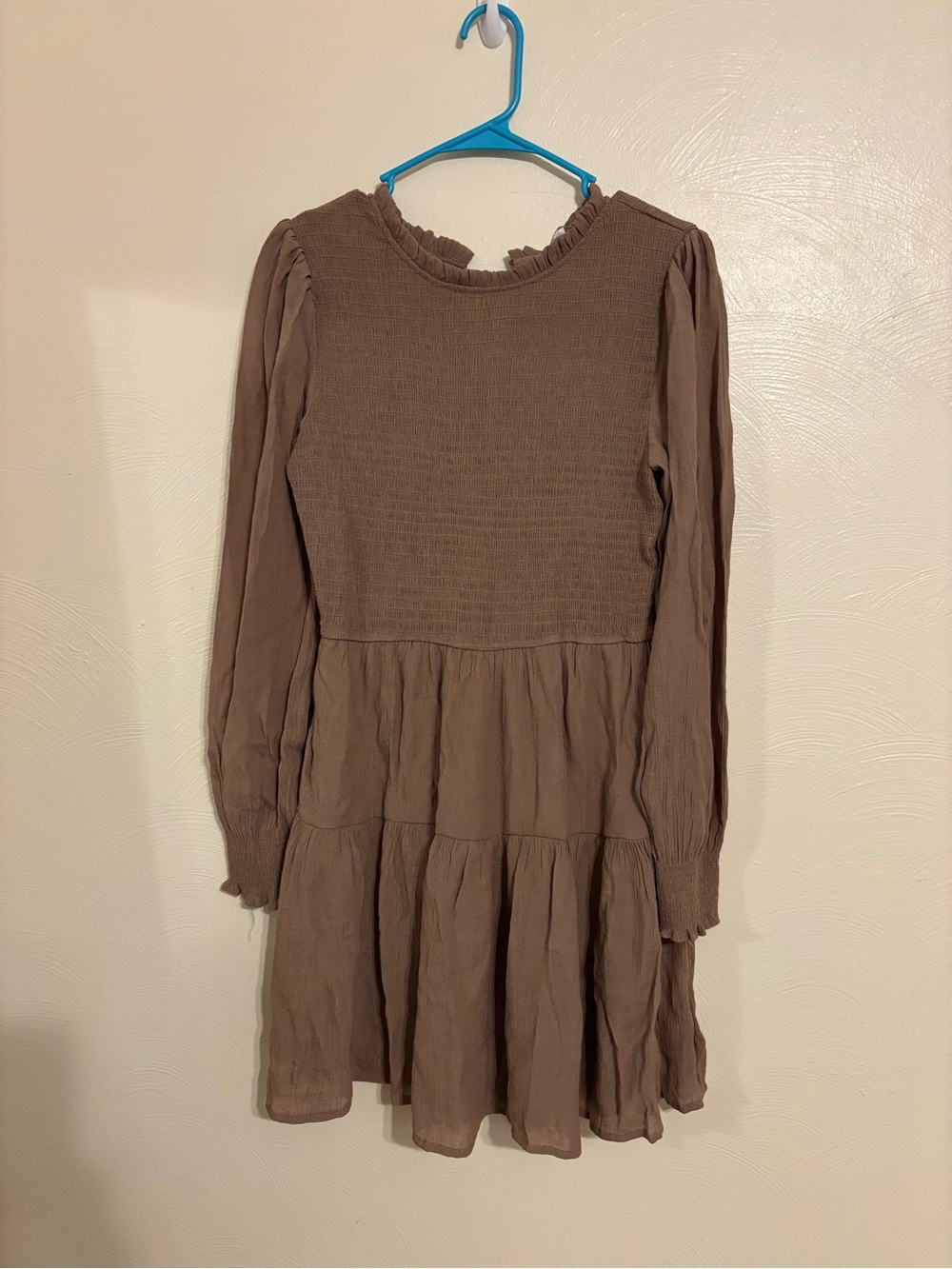 Blu Pepper L Brown Smocked Tiered Mini Dress Long Sleeve Boho Cottagecore